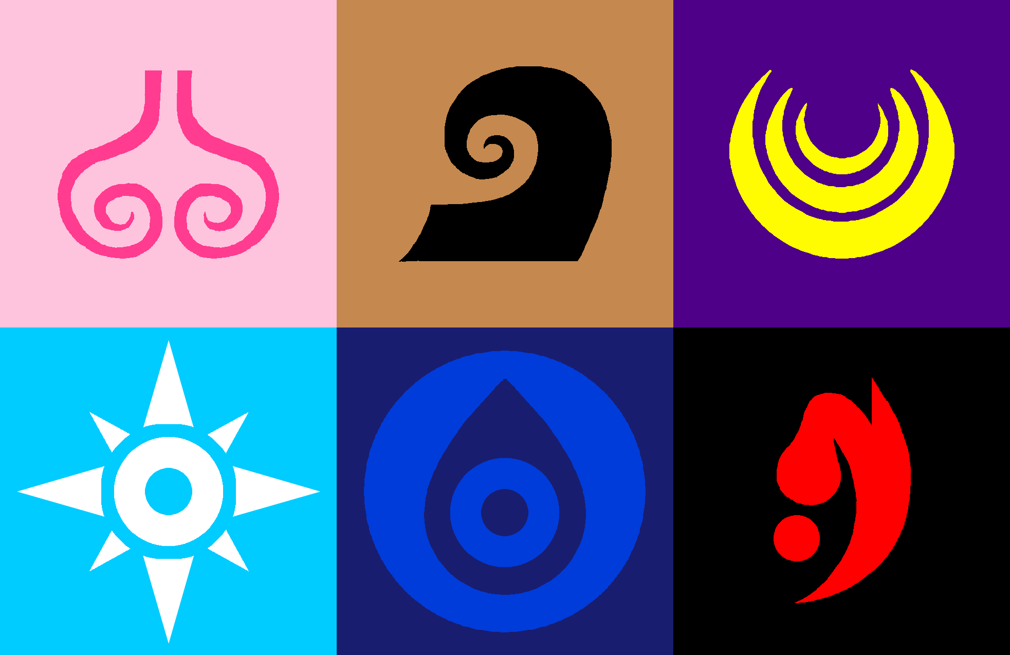 6 symbols. top to bottom, left to right, they represent; lust, urge (gluttony), greed, pride, spite (envy), and wrath.