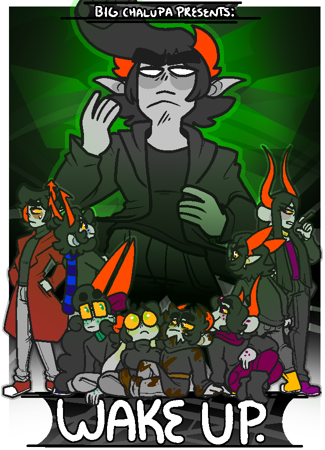 The title image for Wake Up features all the characters of the fancomic underneath the general antagonist, Jojoio.
