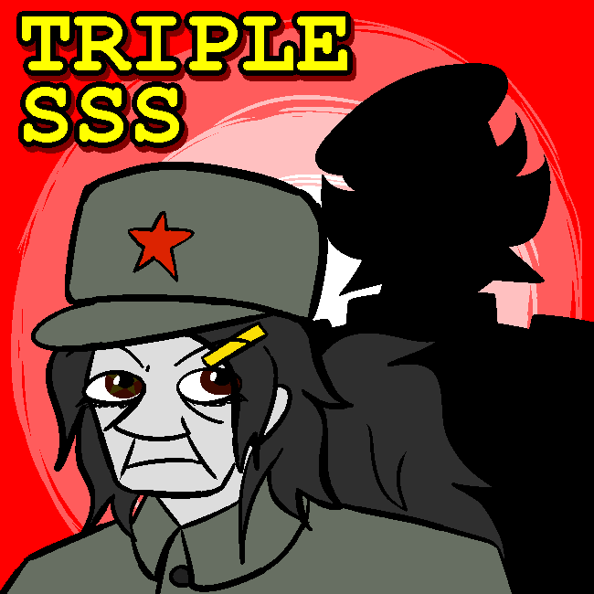 The cover image. China, a woman with black long hair tied up in a ponytail and a golden hairclip and in a red-starred cap and grean coat looks to the side where the silhoulette of the USSR can be seen behind her. Text on the upper left corner reads TRIPLE SSS and the background is red that is paler towards the center of the image.