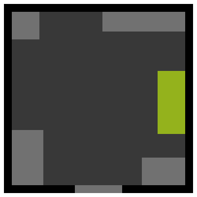 A black square with a smaller dark grey square inside. At the corners of the black square are various light grey squares and rectangles. Along the right side wall is a sickly green rectangle.