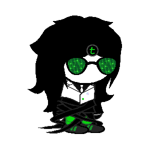 A Homestuck Style Sprite of a Girl with Starry Green Shades, With a Floating Letter T Above Her Head
