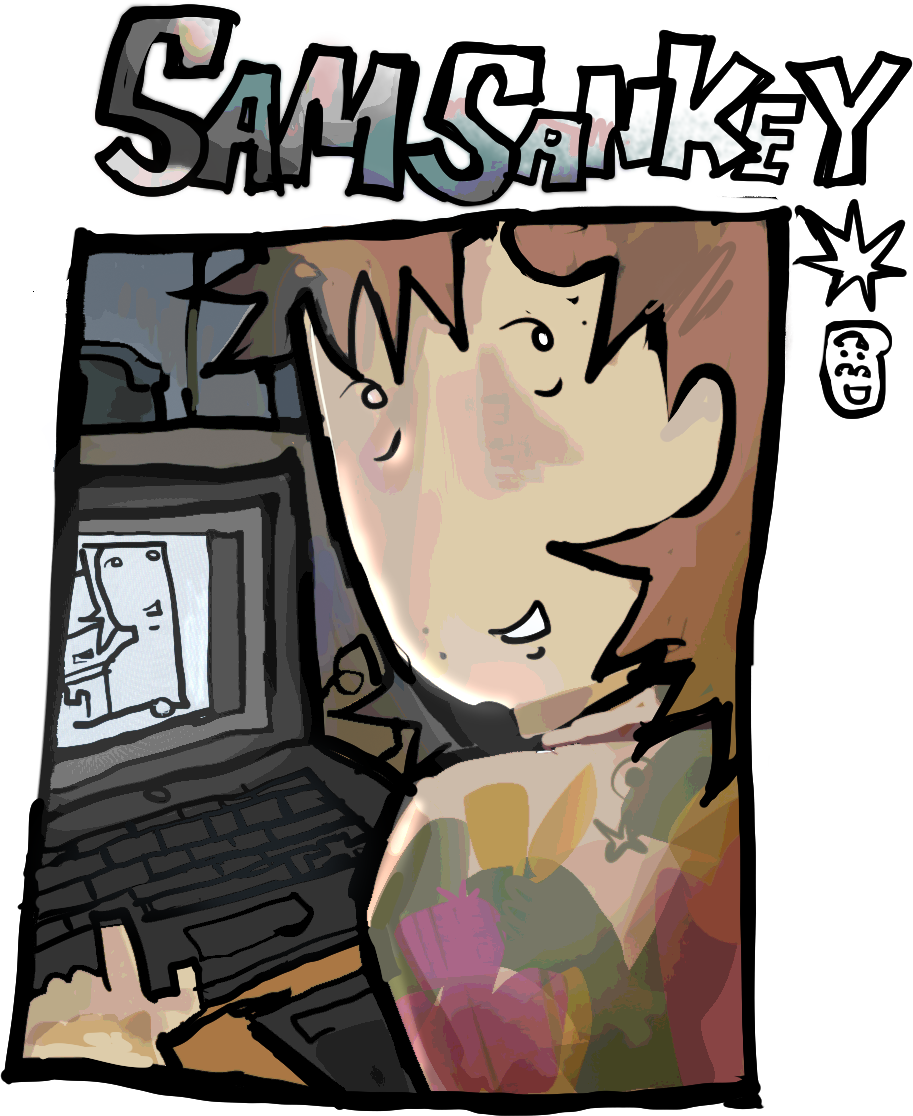 Self Portait of the artist, Sam Sankey, working on a laptop, drawing the same picture