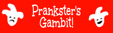 A red banner that says "Prankster's Gambit!" There are two cartoon jester faces to the left and right, one frowning and one smiling. The image is sourced from page 1882 of Homestuck.