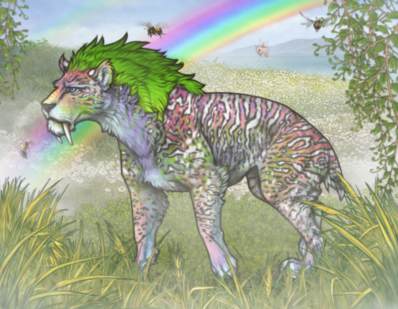 Lioden art of a rainbow striped primal EV lion, Wizard Carpet