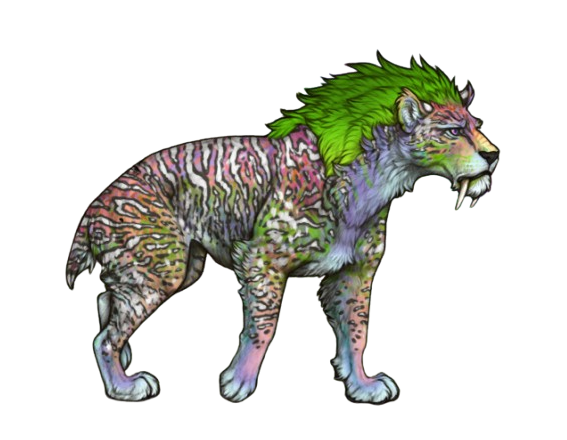 Lioden art of a rainbow striped primal EV lion, Wizard Carpet