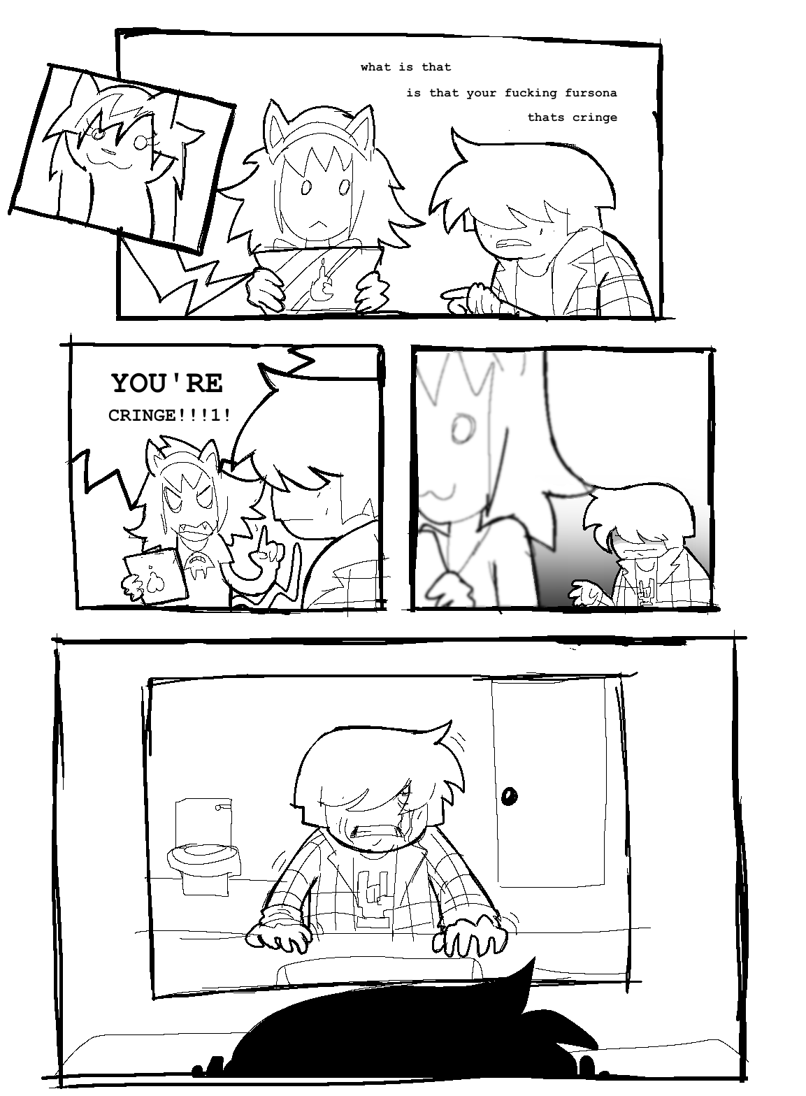 comic based on that one evangelion furry meme comic. luke sees kiki drawing their sona on their tablet and asks "what is that, is that your fucking fursona? thats cringe". kiki snaps back with "YOU'RE cringe!!!". luke gets sad and goes ugly cry in the bathroom