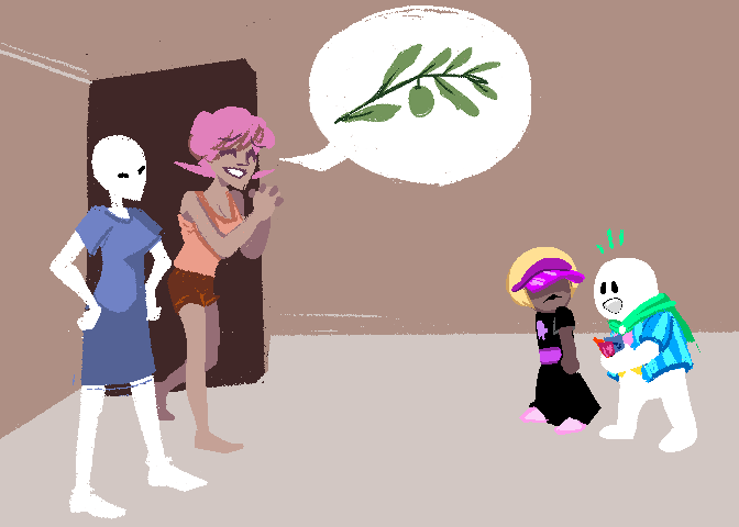 Roxy, WQ, Rose, and WK all stand some distance away from each other in the library room.