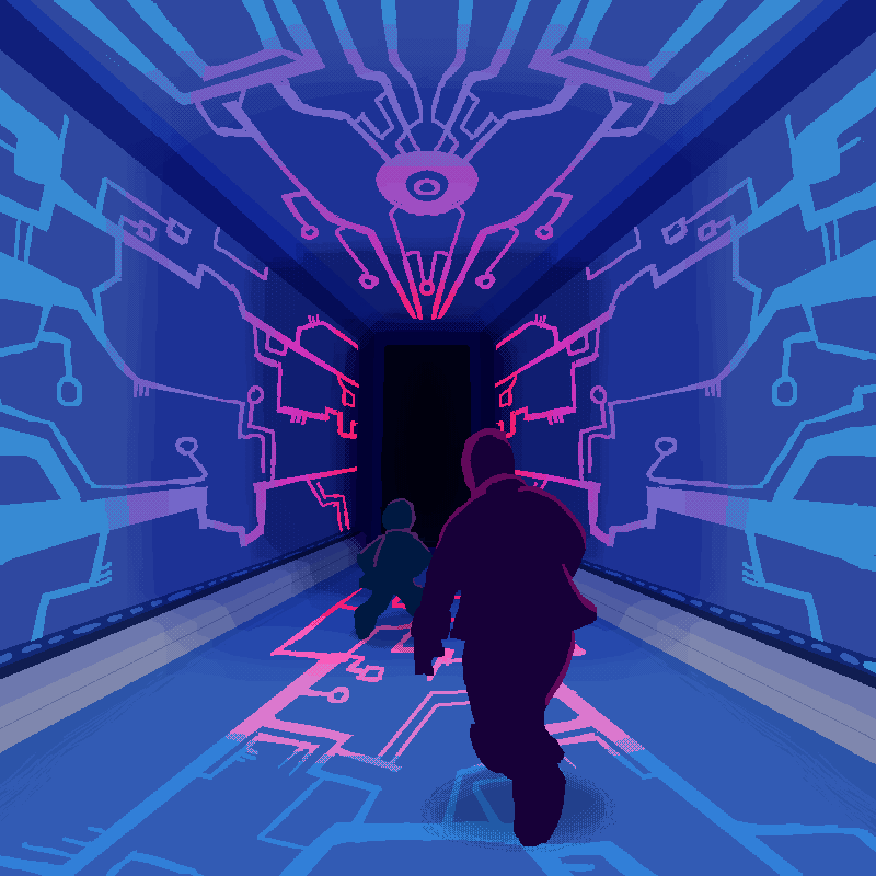 Silhouette of two characters running through a hallway that looks very cyber.