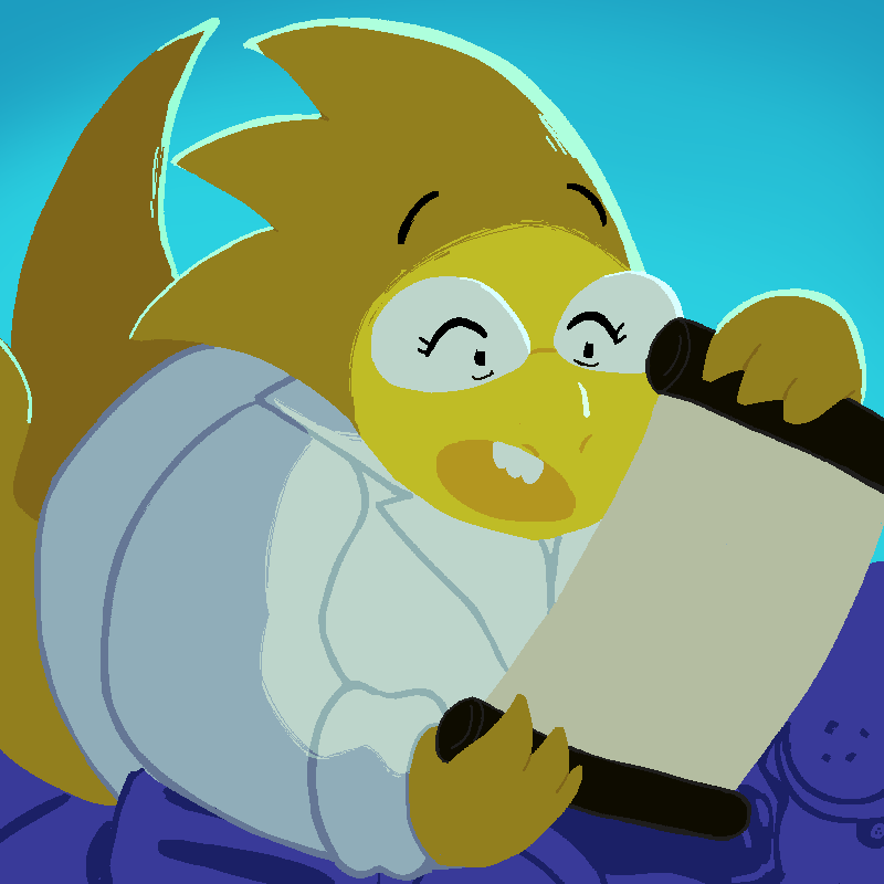 Alphys from UNDERTALE lying in a pile of junk looking at some sort of scroll that is facing away from the viewer