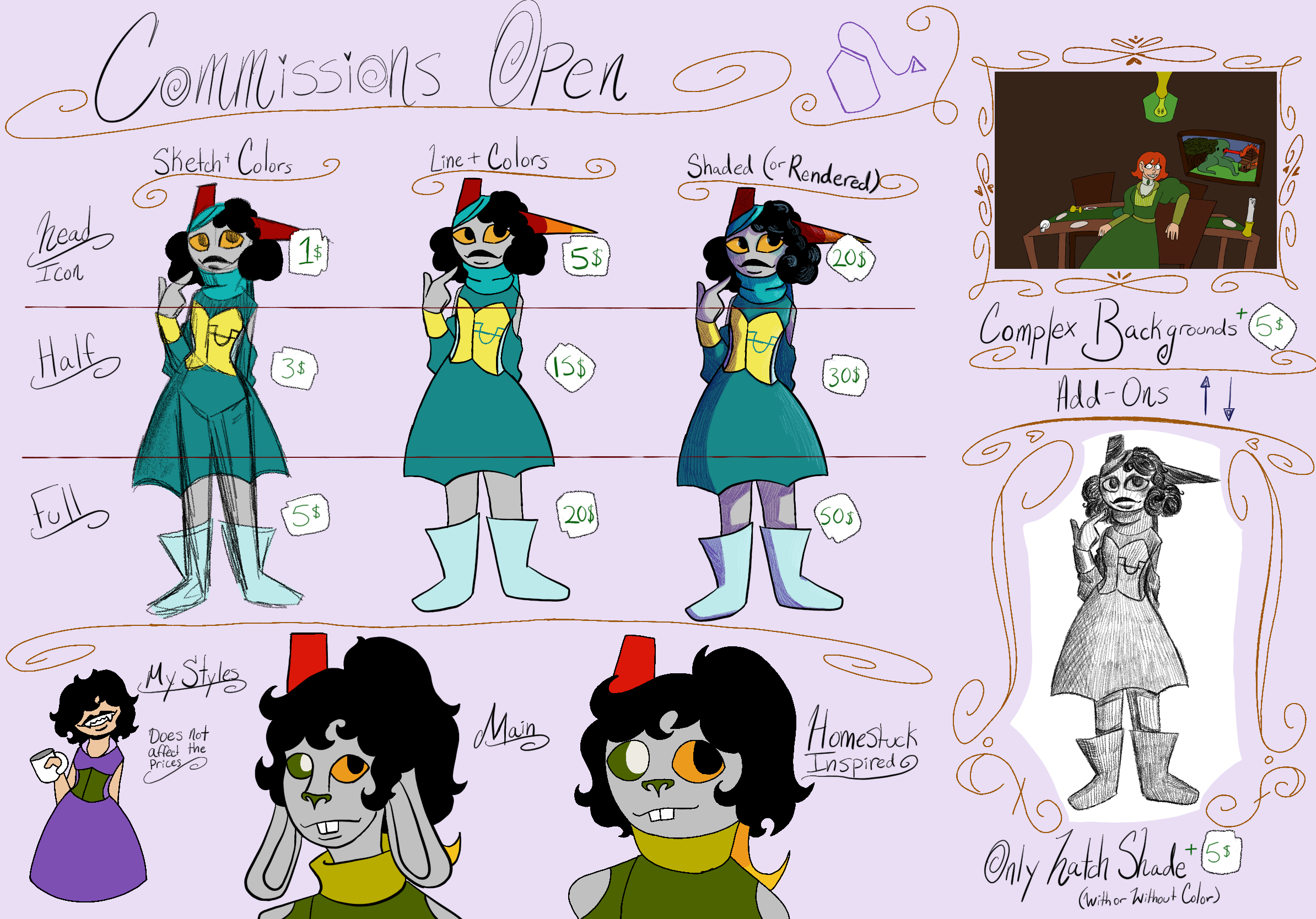 A small list of my commission prices, and art pieces with it. 