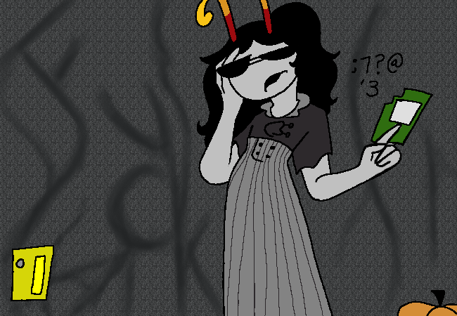 sprite holding a green capthalogue card in a dismayed pose. A yellow door and pumpkin in either corners