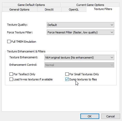 The Texture Filters tab with the "Dump textures to files" box highlighted and checked.