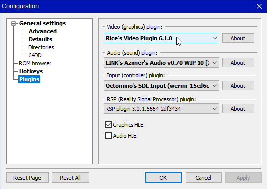 The PJ64 plugins screen, with Rice's Video Plugin 6.1.0 selected.