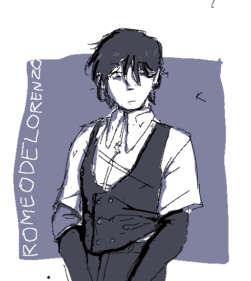 regular romeo. hes got black short, semi straight hair. grey blue eyes and a serious expression. he's wearing a long sleeve black shirt, with a short sleeve button up buttoned all the way up on top of that, on top of that he is wearing a button up suit vest with a low collar. he is wearing black suit pants. he also has an elbow brace on his right arm. looks kinda effeminate. fag