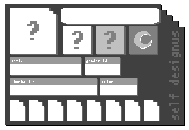 A grey card labeled SELF DESIGNUS, with various empty categories to be filled in.