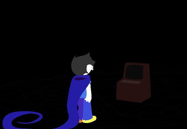 John standing in a black void, facing a lone terminal. A faint sigil can be seen on the ground surrounding the terminal.