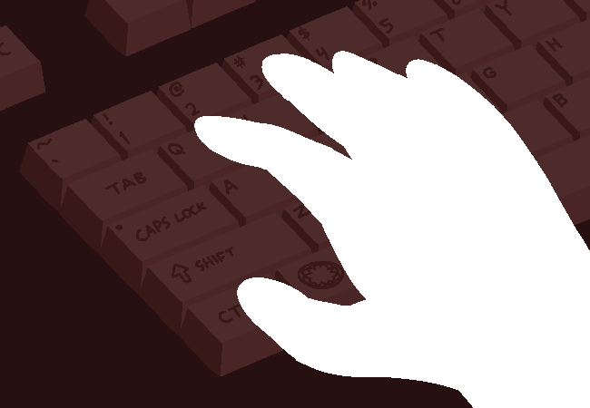 John's right hand over the keyboard of the terminal, pressing down the CTRL key with his thumb, then the T key with his pinky finger.