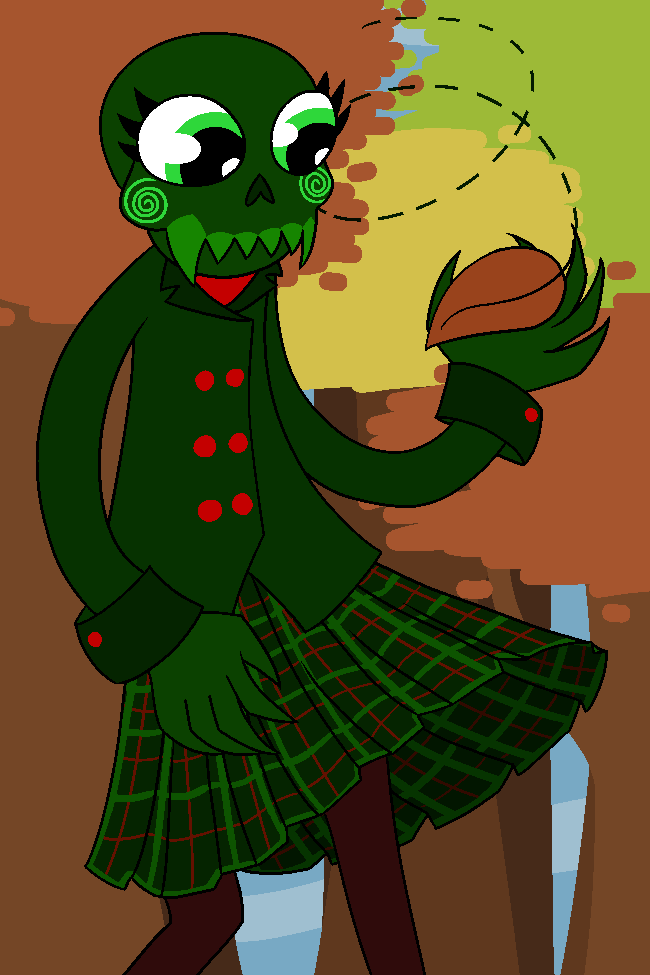 calliope in an autumn scene, dressed cozy and holding a leaf
