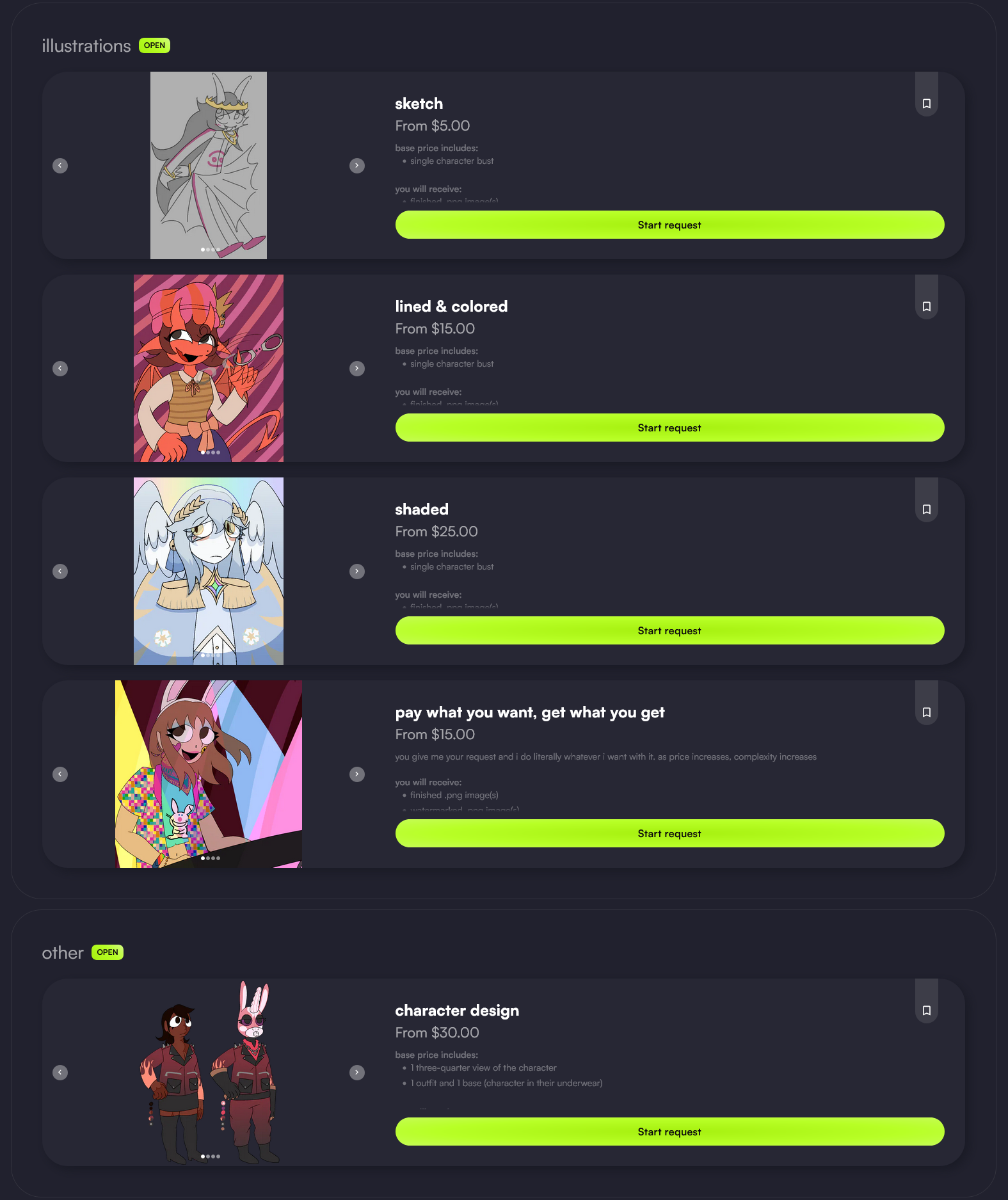 my commissions sheet. the base prices range between 5 and 30 us dollars