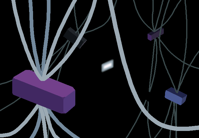 A void of near darkness, wires criscross, connecting to boxes. In the distance, a light flickers.