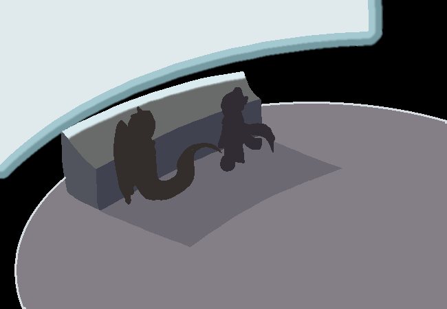 Two figures stand in front of a console on a round platform, looking up at a flickering screen.