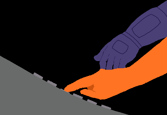 The orange hand presses a button, a purple hand is reaching out.