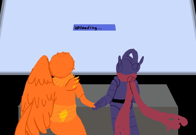 View from behind Davesprite and Anti, still holding hands. The computer screen reads 'Uploading...'