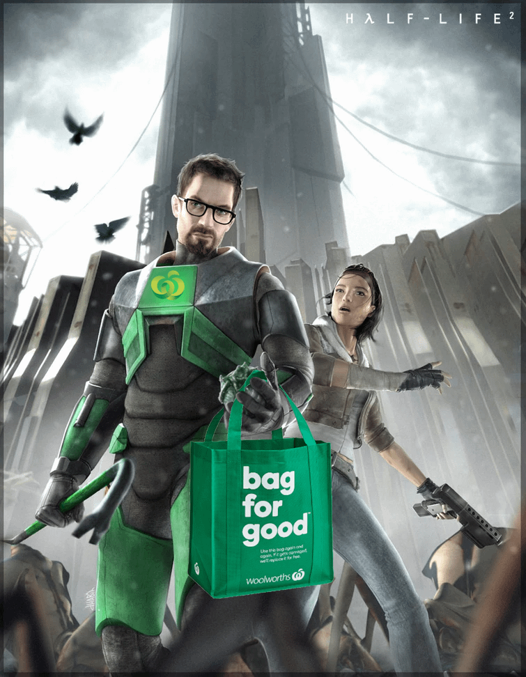 official art of gordon freeman from half life edited to be woolworths themed, the hhev suit is now green with the woolworths logo and he is holding a woolworths Bag For Good