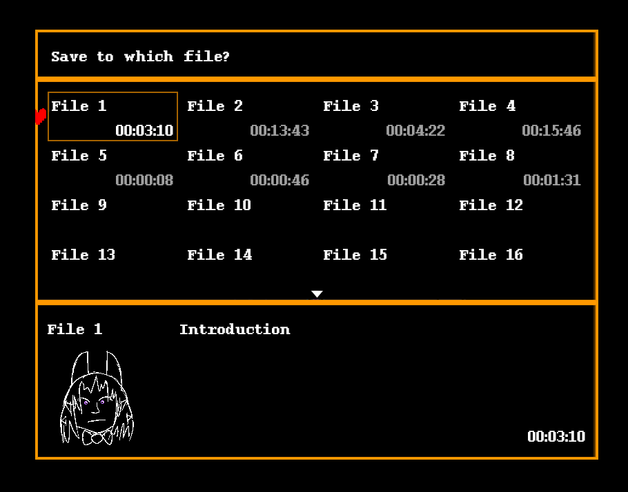 a save file screen, eight files with play times are present, but only the first one isn't grayed out. It has a play time of 3 minutes and 10 seconds, with the title "Introduction".