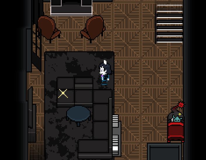 a horned individual is standing in the most bougie-ass apartment you've ever seen. They have dark hair, which now has an outline and highlights, making it able to be seen against the black carpet.