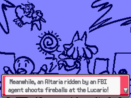 Meanwhile, an Altaria ridden by an FBI agent shoots fireballs at the Lucario! (Cutscene at the beginning of the final mission)