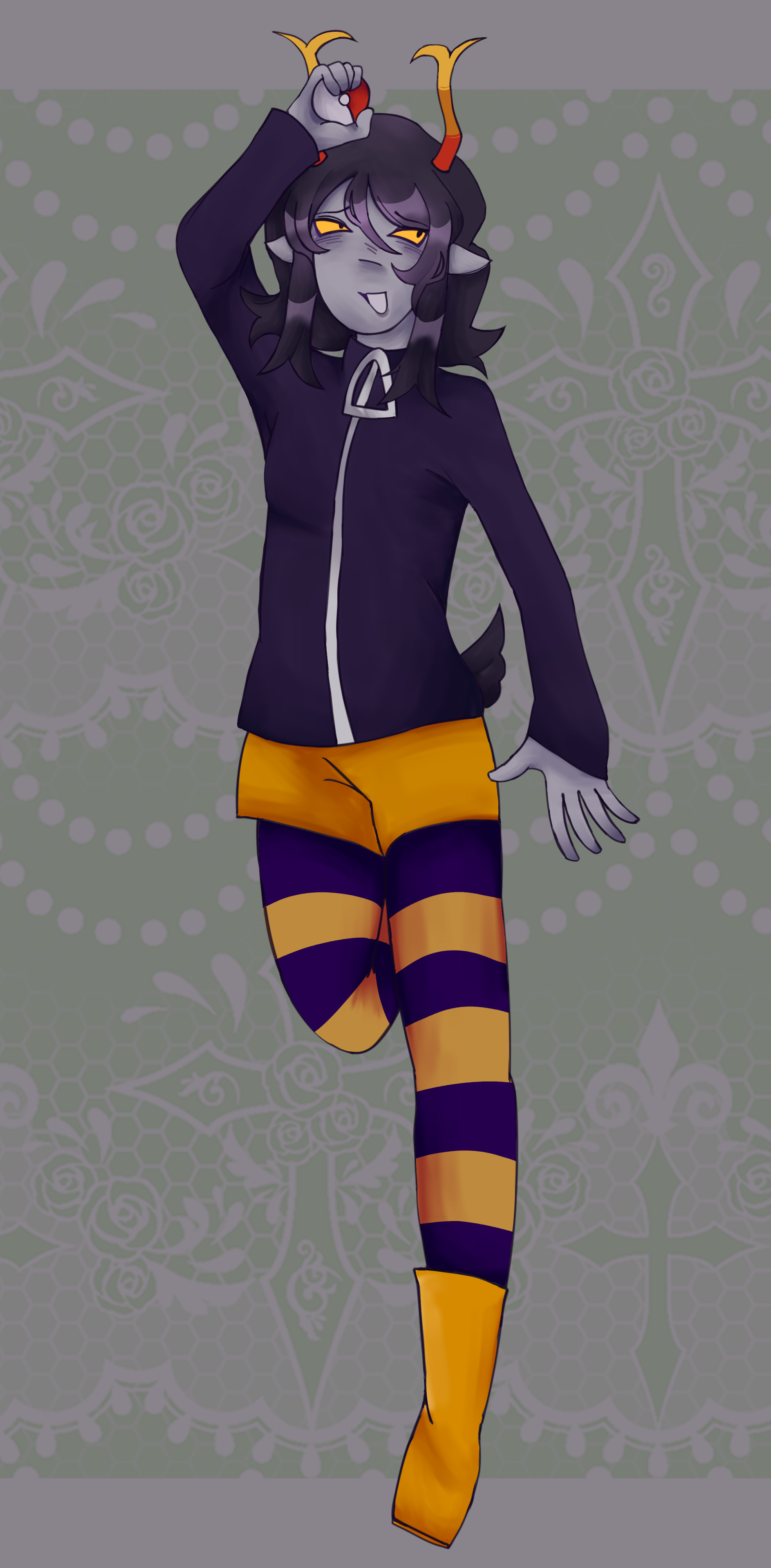 A purpleblooded troll with short black hair, wearing a purple zippered jacket and yellow shorts with yellow and purple striped tights underneath. he also has yellow boots on, and is holding a poké ball. 