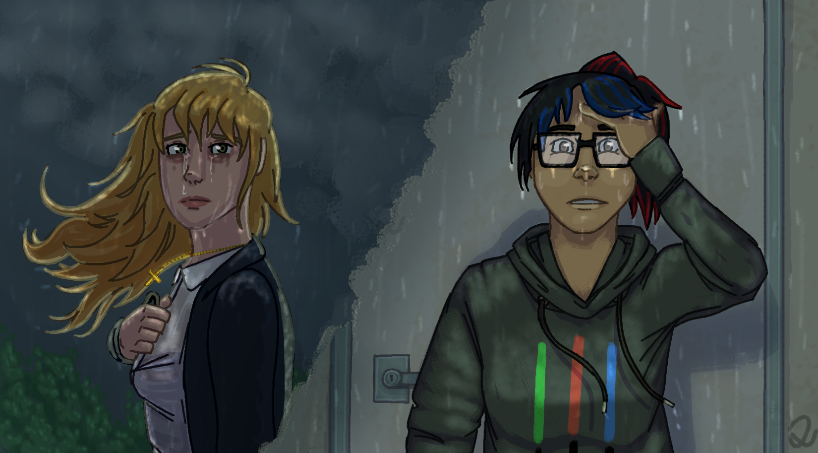 A stormy scene in the rain. Our two protagonists are split across each side by a blurry line. On the left, Kate Marsh has her hair down and her makeup is running down her face with her tears and the rain. She is looking with confusion at the other girl. On the right Brooke has just come through the rooftop door and is wiping her bangs out of the way of her eyes, expression dazed.
