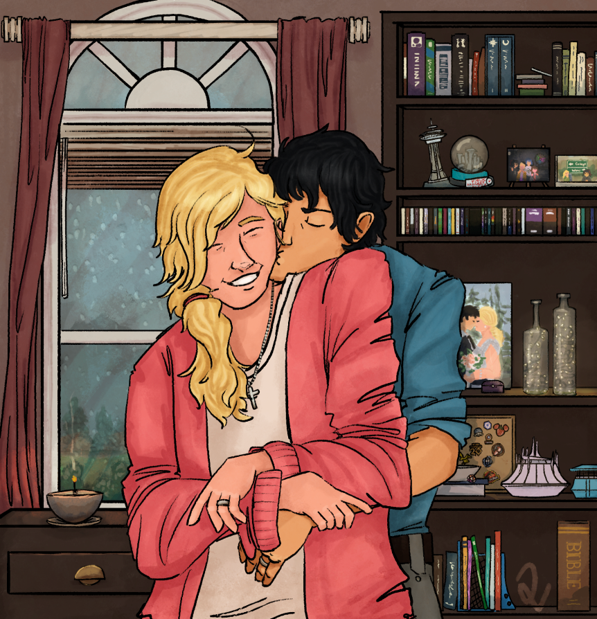 An older Brooke and Kate embrace happily, mementos of their journey together in the background. It's raining outside, but neither of them notice or care.