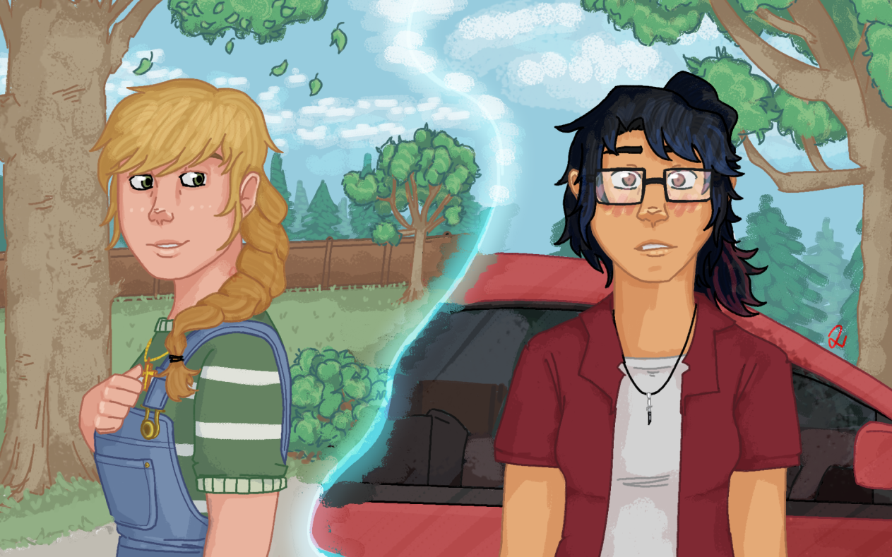 An artistic depiction of the next few paragraphs of the story. On the left, Kate is smiling and happy. On the right, Brooke stares stunned at Kate's beauty. It's a compositional echo of the artwork from Chapter 17.