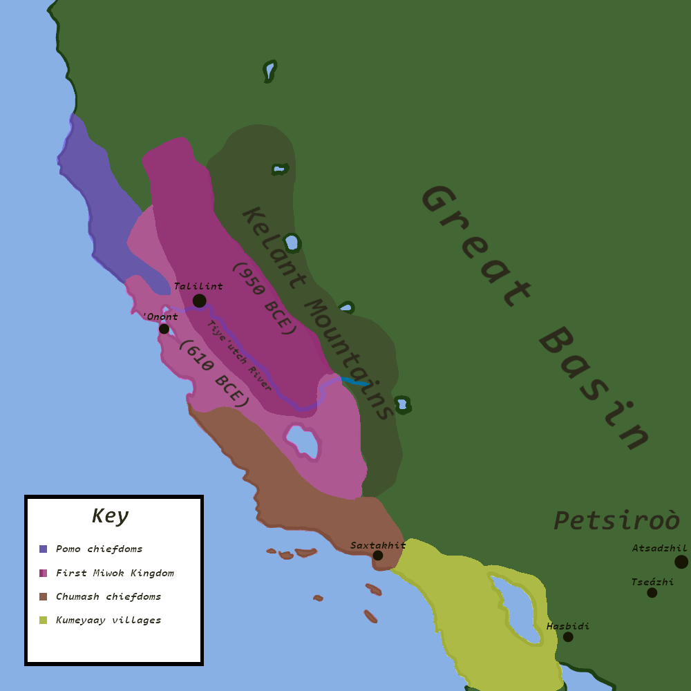 A map of what we know as California. In the north, an area labeled Pomo chiefdoms is present. The First Miwok Kingdom dominates the Central Valley and spreads to the coast by the end of the First Renewed Period. Chumash and Kumeyaay communities are in the south.