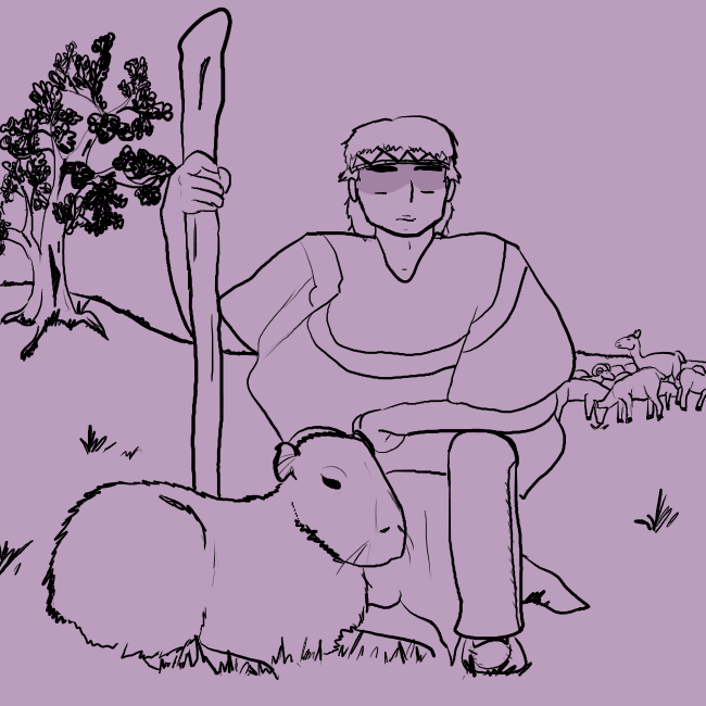 A simply attired shepherd sits on a stump, dressed in a wool poncho with a staff in hand. At his feet sits a capybara. To his right there is a juniper tree, and in the background an uurung watches a herd of sheep.