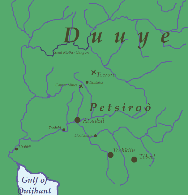 A map of TTL's Petsiroò region, otherwise known as Arizona and western New Mexico. The Colorado Plateau is labeled Duuye. The Grand Canyon is labeled Great Mother Canyon. The Gulf of California is labeled Gulf of Quijhant. Several major cities are marked, including the ruins of Tseroro in the north, Atsadzhil on one of the major rivers, and Tsahkiin and Tóbeel further south.