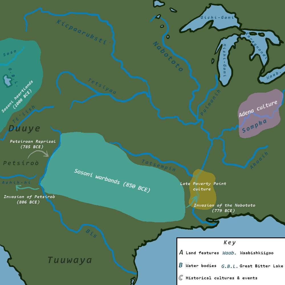 A map of the Great Plains and Mississippi River watershed regions. The Sosoni are seen migrating southeast, before being driven east by pressure from Petsiroò.