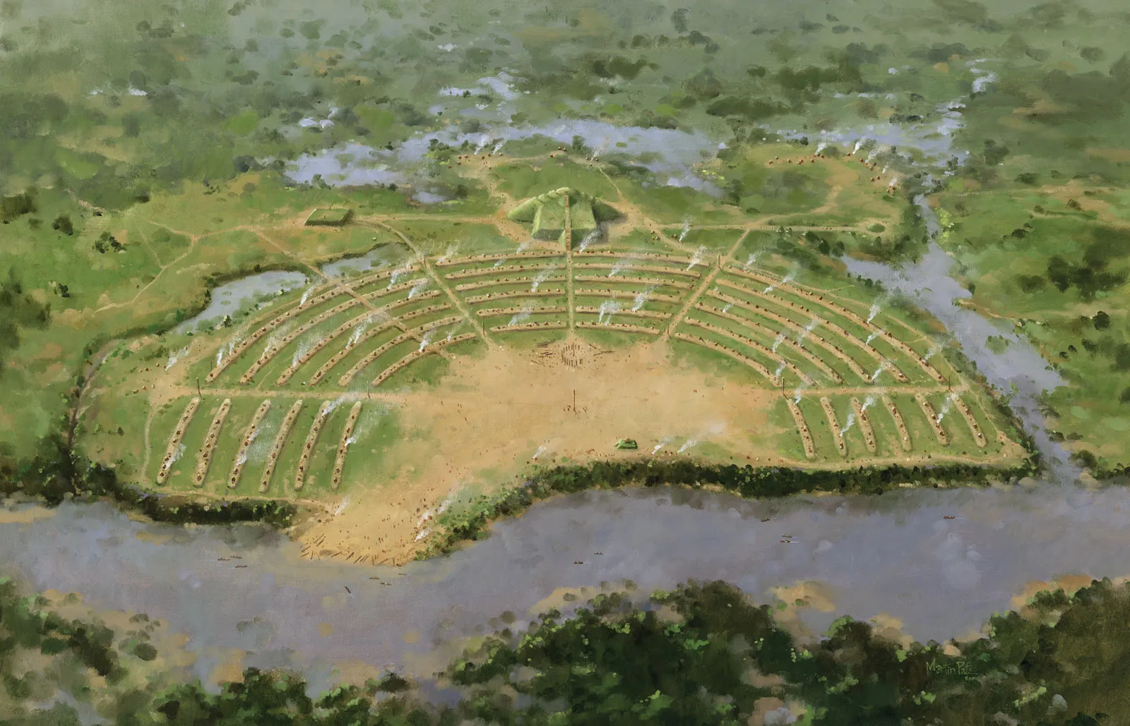 Artist's depiction of Poverty Point as it may have looked while occupied. An arc-like shape of long mounds faces a river, with larger platform mounds further back.
