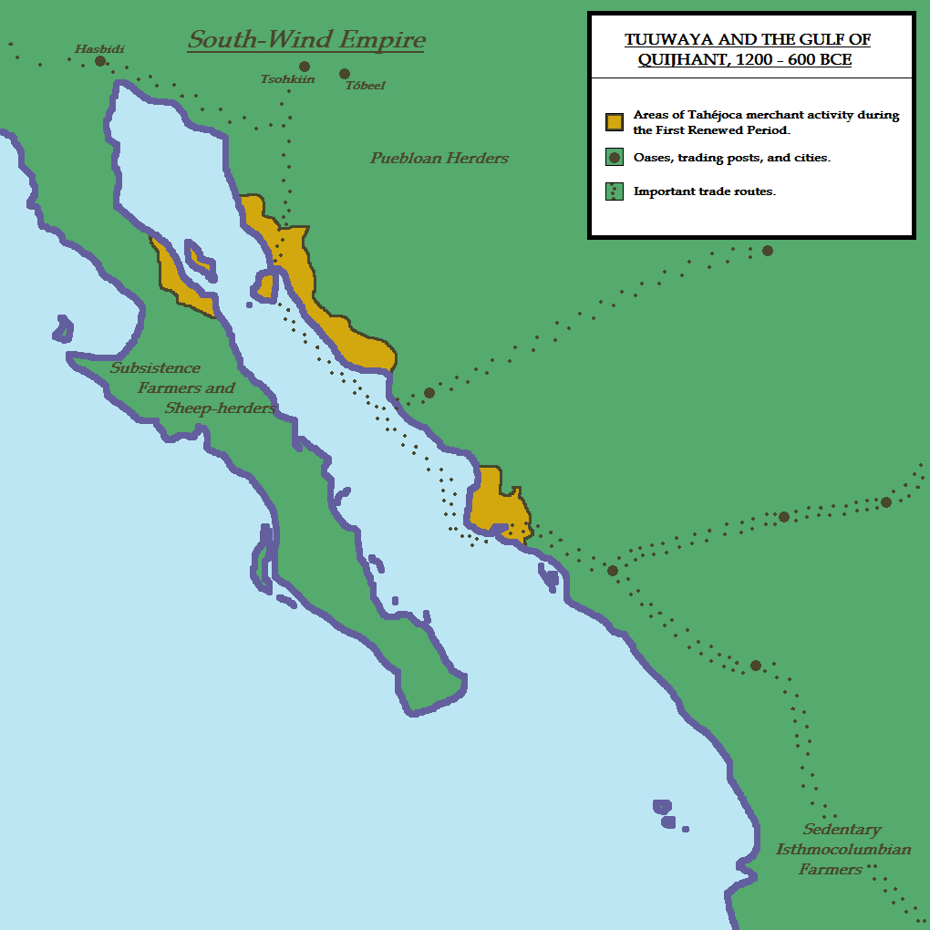 A map of trade routes and the spread of the Tahéjoca culture 1200 - 600 BCE. We see their settlements around the Gulf of California (Quijhant). To the north lies the South-Wind Empire of Petsiroò. To the northeast in the interior desert, Puebloan Herders. In Baja California, Subsistence Farmers and Sheep-herders. To the far southeast, Sedentary Isthmocolumbian Farmers.