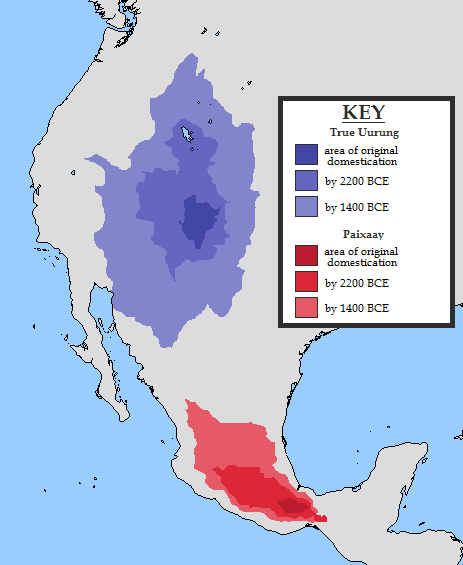 A map illustrating the spread of the two earliest breeds of uurung - the true uurung and paixaay. The true uurung spreads from the Colorado plateau across much of the western USA. The paixaay spreads from the isthmus of Tehuantepec north and west into greater Mexico.