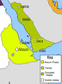 A map of the Aksumite Empire after the conquest of Mecca. The Aksumite state now straddles the Bab-el-Mandeb and controls most of the Hejaz. At the periphery of the map, the Nubian, Roman, and Persian states are visible.