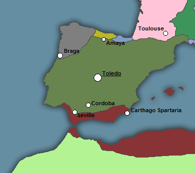 The Visigothic kingdom of Liuvigild. It controls most of Hispania except Cantabria, Galicia, and upper Andalusia, also extending slightly into far southern France.