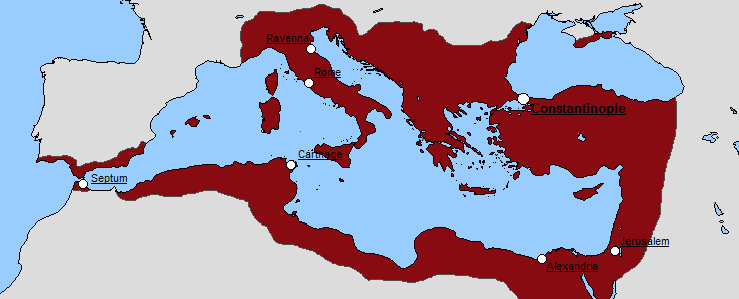A map of the Roman Empire in the year 580. The traditional Eastern Roman provinces are secure, as are the Danube frontier, the Balkan peninsula, and North Africa. Southern Hispania is reduced from the days of Justinian, but the Romans still have a strong presence there.