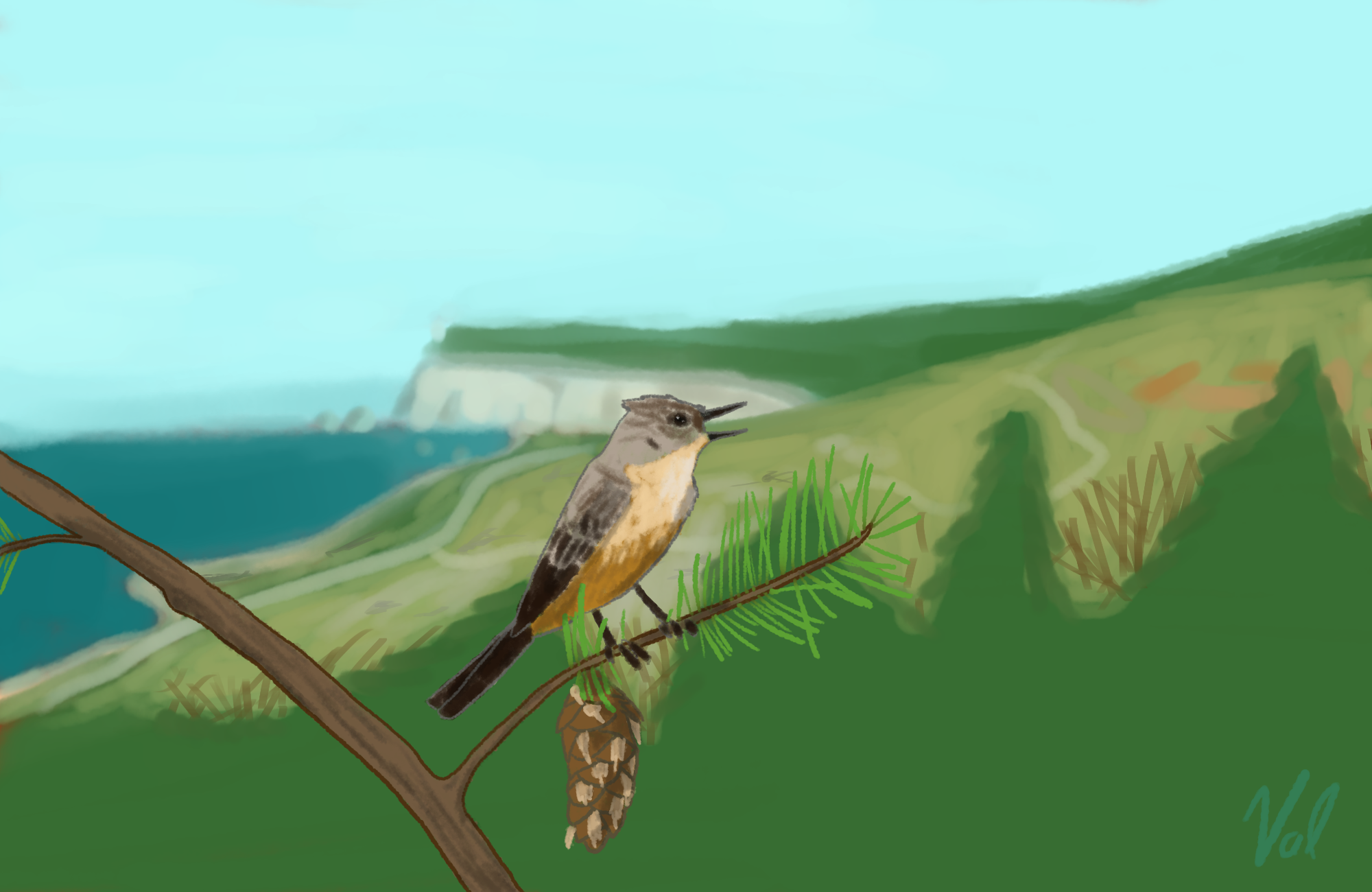 A Say's phoebe sings from the branch of a Douglas fir. In the background, the town of Arcadia Bay is gone, and a path of rubble, stripped earth, and broken trees is left behind.