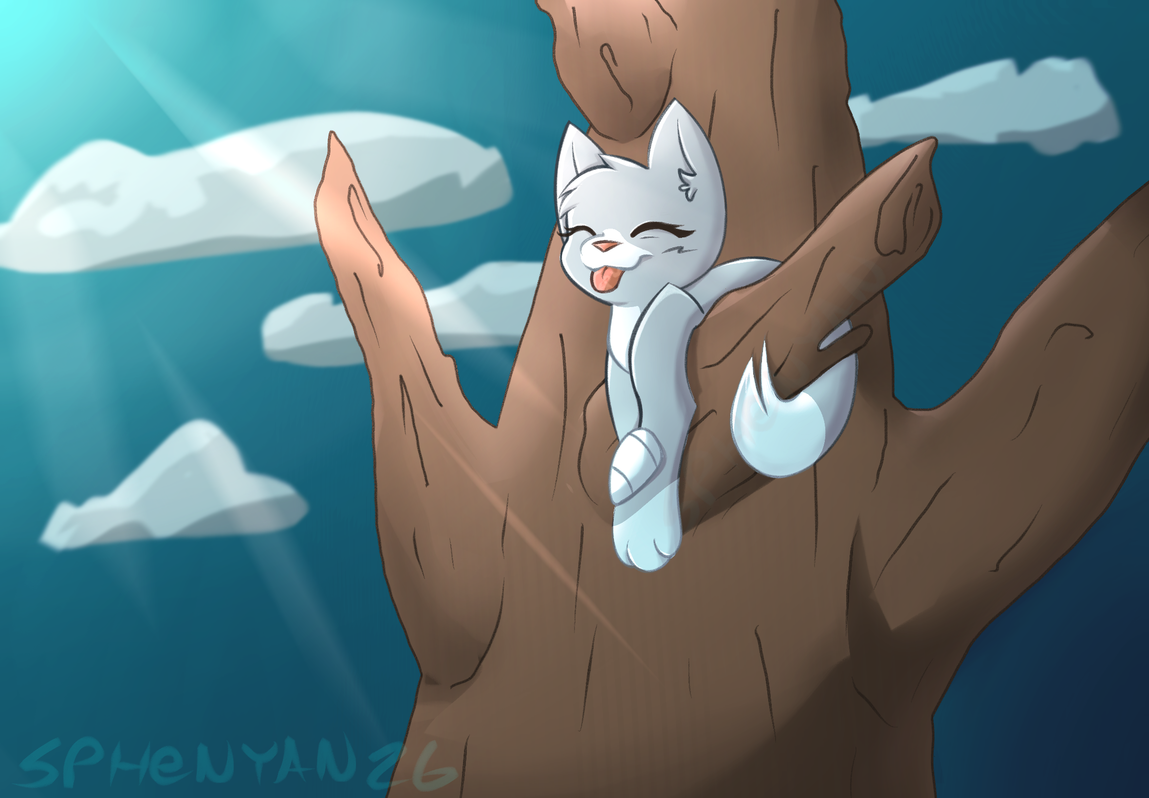 Drawing of a cat in a tree, happily basking in the sun. It is fully shaded, with a detailed background.