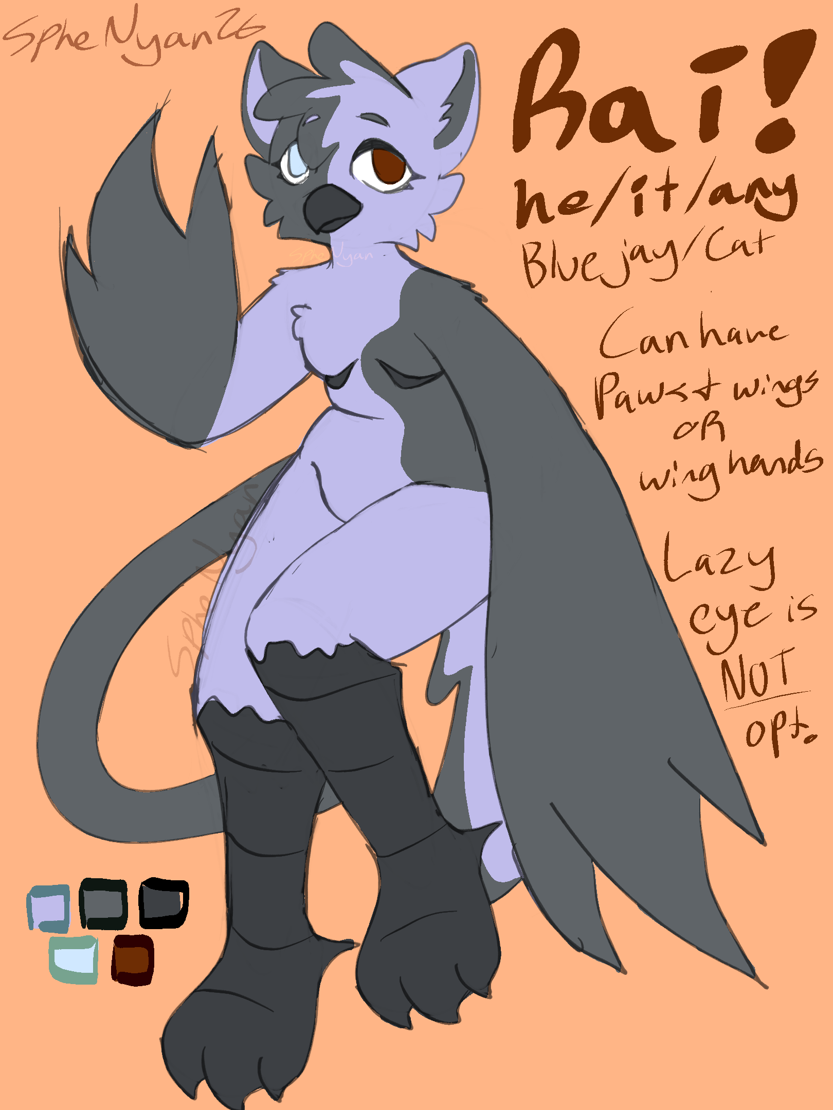 Drawing of an anthro cat/bird hybrid chilling and waving lazily at the camera. It is a clean sketch and lacks shading or a detailed background.