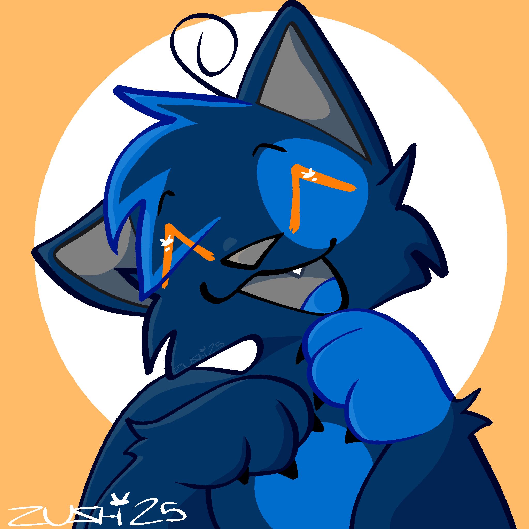 Drawing of an anthro cat smiling. It is clean and colored, but lacks notable shading or a detailed background.