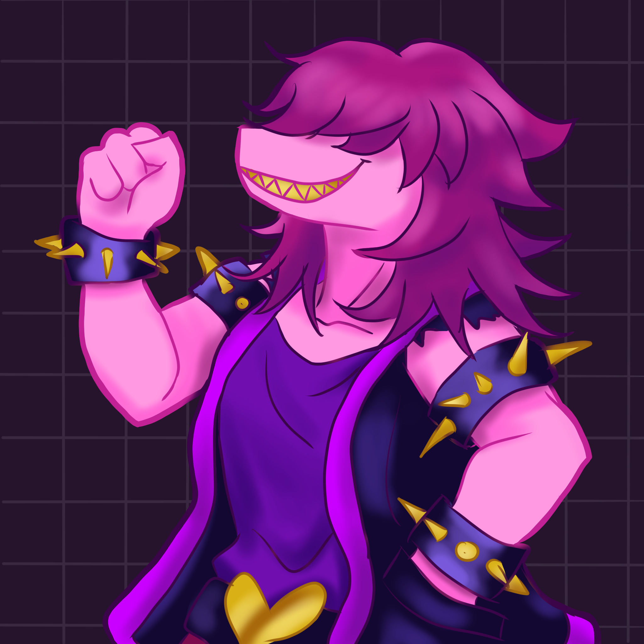 A picture of susie deltarune holding her fist up in triumph.